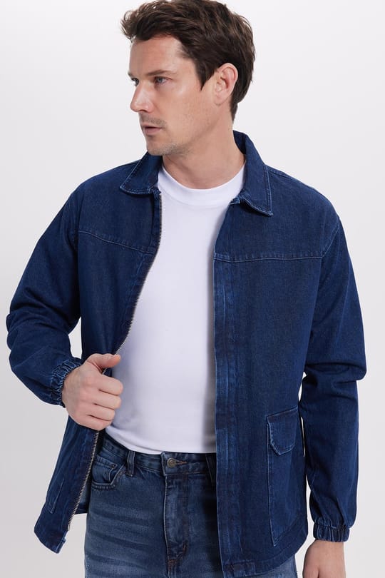 Erkek Relax Fit Rahat Kesim Çift Cep Denim Lacivert Kot Mont Gömlek