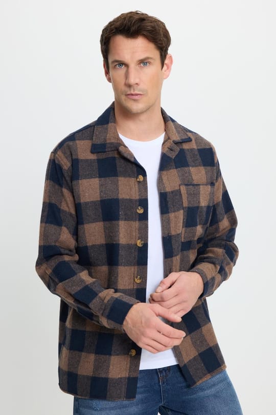 Erkek Relax Fit Rahat Kesim Uzun Kollu Cepli Dama Desen Kareli Apaş Yaka Kışlık Oduncu Gömlek