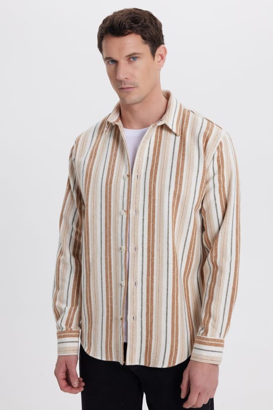 Erkek Relax Fit Rahat Kesim Spor Yaka Çizgili Oduncu Gömlek