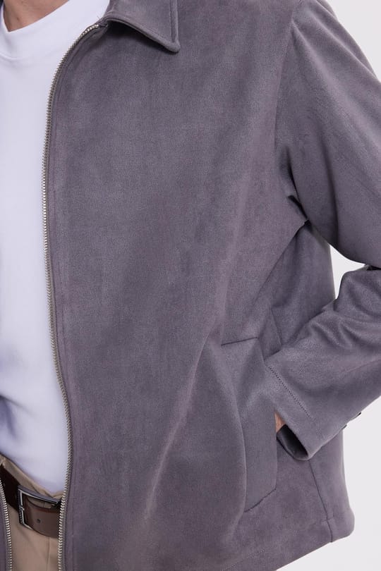 Erkek Relax Fit Rahat Kesim Süet Fermuarlı Astarlı Cepli Gri Kolej Ceket Mont