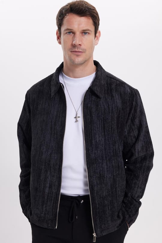 Erkek Relax Fit Rahat Kesim Fitilli Fermuarlı Astarlı Cepli Kolej Siyah Ceket Mont Gömlek