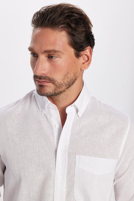 Erkek Regular Fit Klasik Kesim Oversize Pamuklu Keten Doku Düğmeli Yaka Beyaz Gömlek