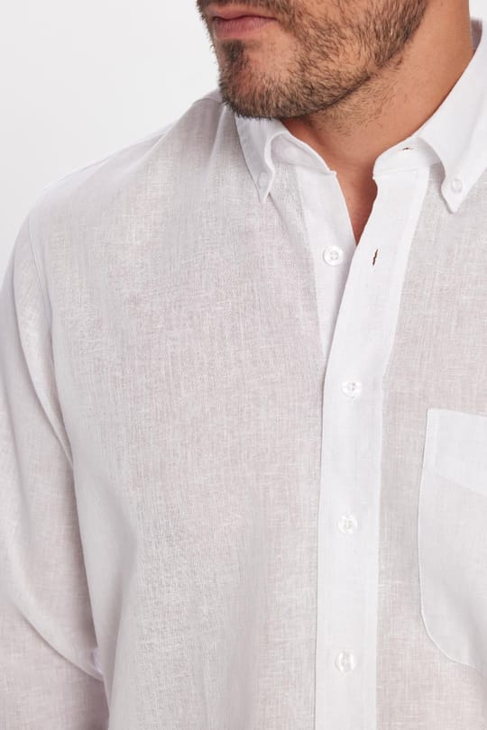 Erkek Regular Fit Klasik Kesim Oversize Pamuklu Keten Doku Düğmeli Yaka Beyaz Gömlek