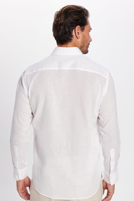 Erkek Regular Fit Klasik Kesim Oversize Pamuklu Keten Doku Düğmeli Yaka Beyaz Gömlek