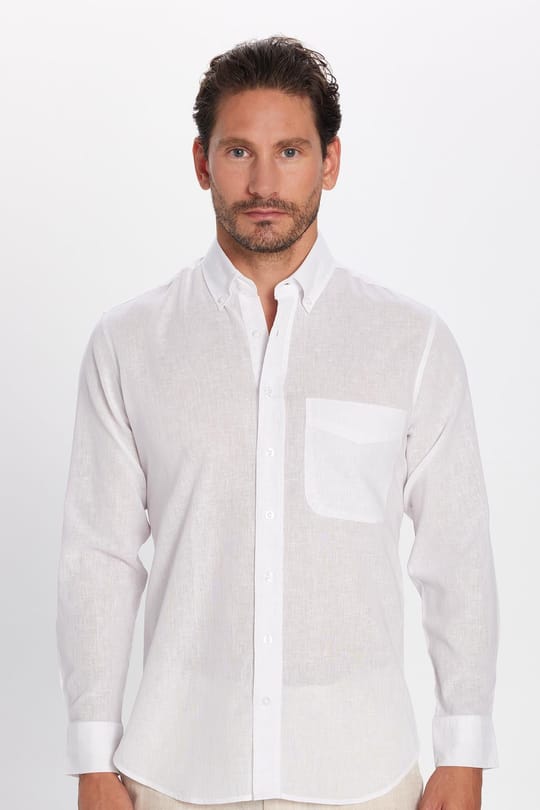 Erkek Regular Fit Klasik Kesim Oversize Pamuklu Keten Doku Düğmeli Yaka Beyaz Gömlek