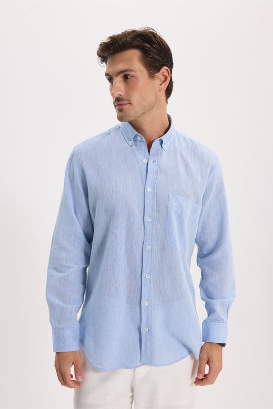 Erkek Regular Fit Klasik Kesim Oversize Pamuklu Keten Doku Düğmeli Yaka Mavi Gömlek