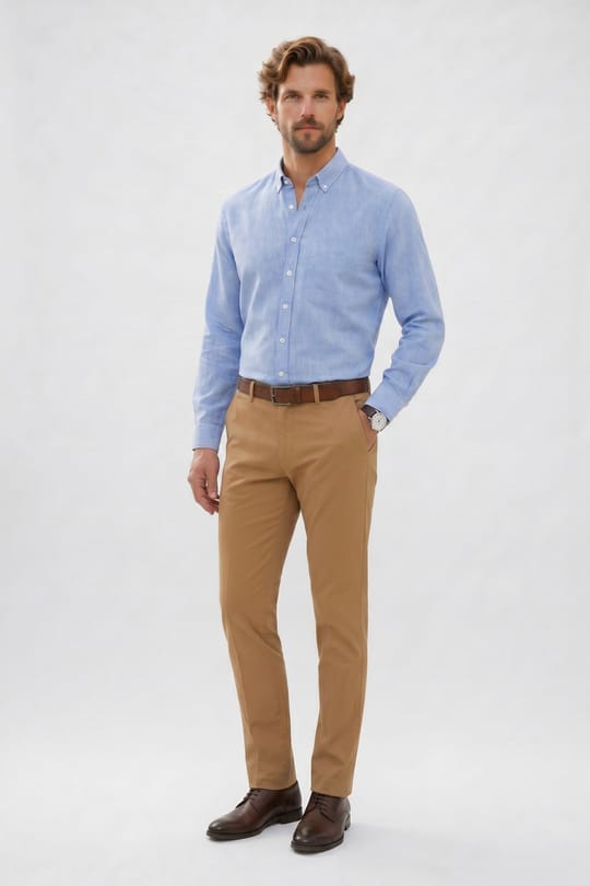 Erkek Regular Fit Klasik Kesim Oversize Pamuklu Keten Doku Düğmeli Yaka Mavi Gömlek
