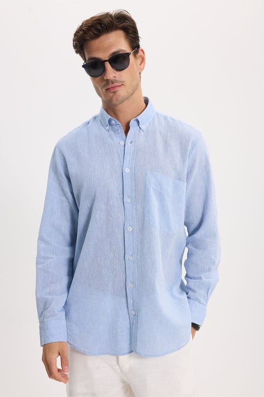 Erkek Regular Fit Klasik Kesim Oversize Pamuklu Keten Doku Düğmeli Yaka Mavi Gömlek