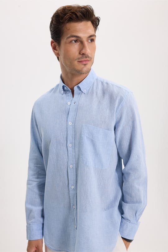 Erkek Regular Fit Klasik Kesim Oversize Pamuklu Keten Doku Düğmeli Yaka Mavi Gömlek