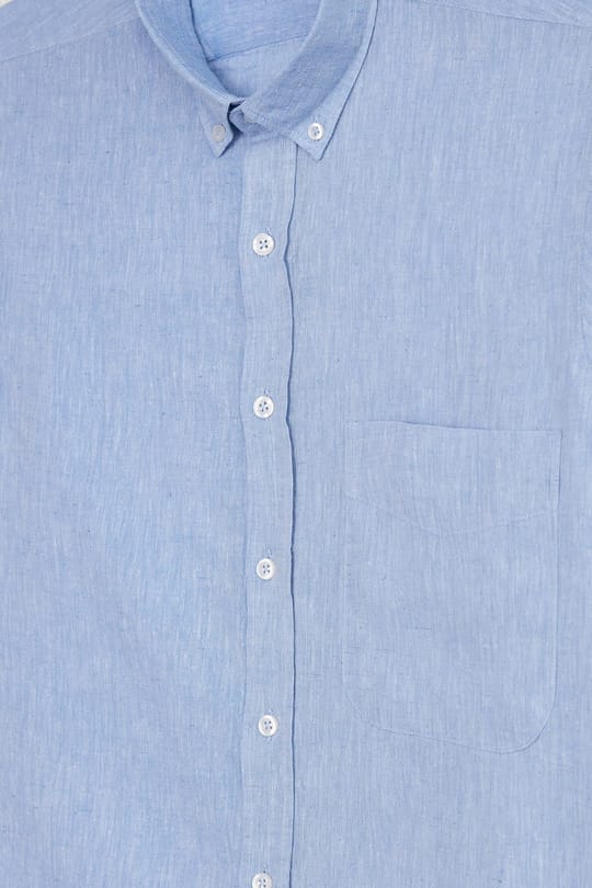 Erkek Regular Fit Klasik Kesim Oversize Pamuklu Keten Doku Düğmeli Yaka Mavi Gömlek