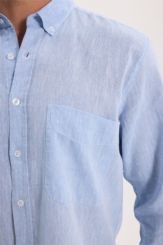 Erkek Regular Fit Klasik Kesim Oversize Pamuklu Keten Doku Düğmeli Yaka Mavi Gömlek