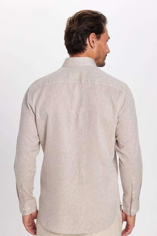 Erkek Regular Fit Klasik Kesim Oversize Pamuklu Keten Doku Düğmeli Yaka Taş Gömlek