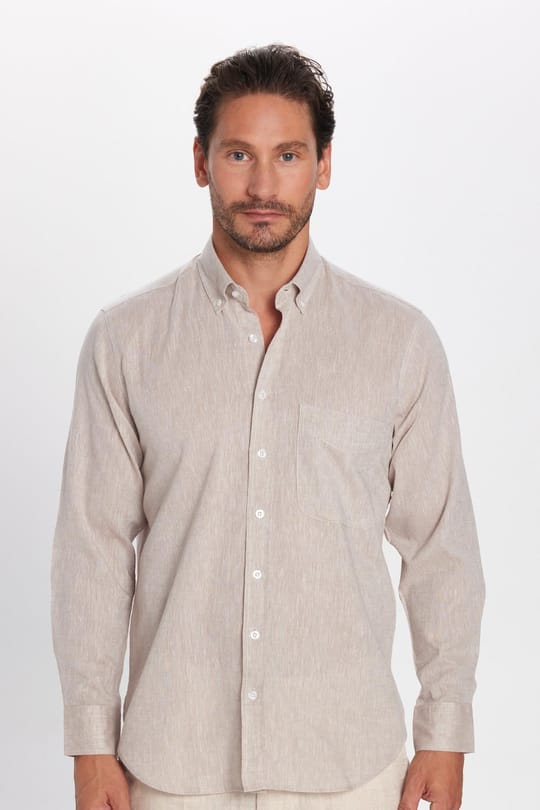 Erkek Regular Fit Klasik Kesim Oversize Pamuklu Keten Doku Düğmeli Yaka Taş Gömlek