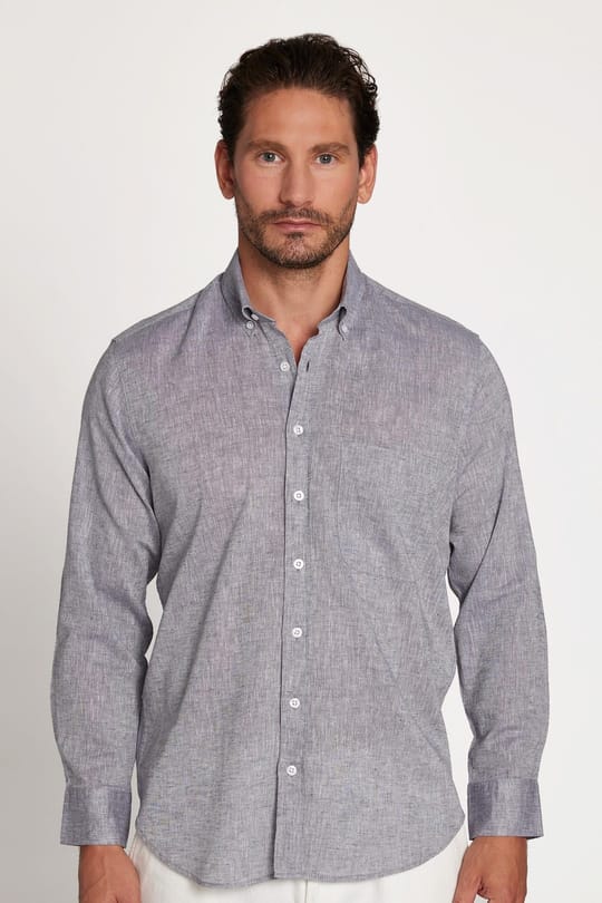 Erkek Regular Fit Klasik Kesim Oversize Pamuklu Keten Doku Düğmeli Yaka Gri Gömlek