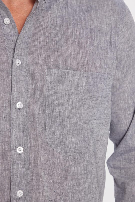 Erkek Regular Fit Klasik Kesim Oversize Pamuklu Keten Doku Düğmeli Yaka Gri Gömlek