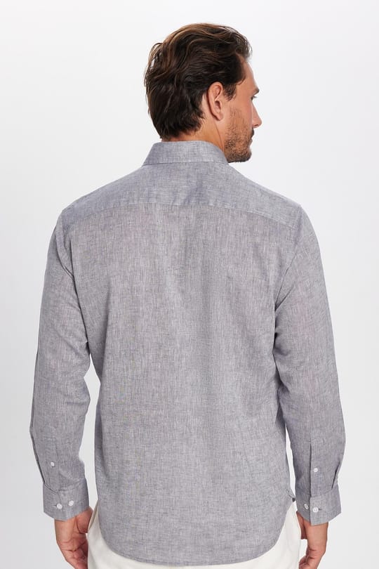 Erkek Regular Fit Klasik Kesim Oversize Pamuklu Keten Doku Düğmeli Yaka Gri Gömlek