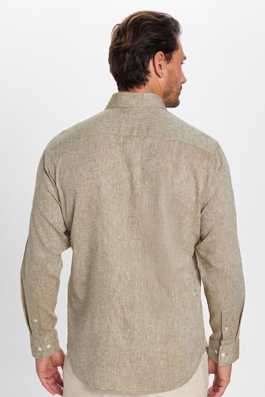 Erkek Regular Fit Klasik Kesim Oversize Pamuklu Keten Doku Düğmeli Yaka Yeşil Gömlek