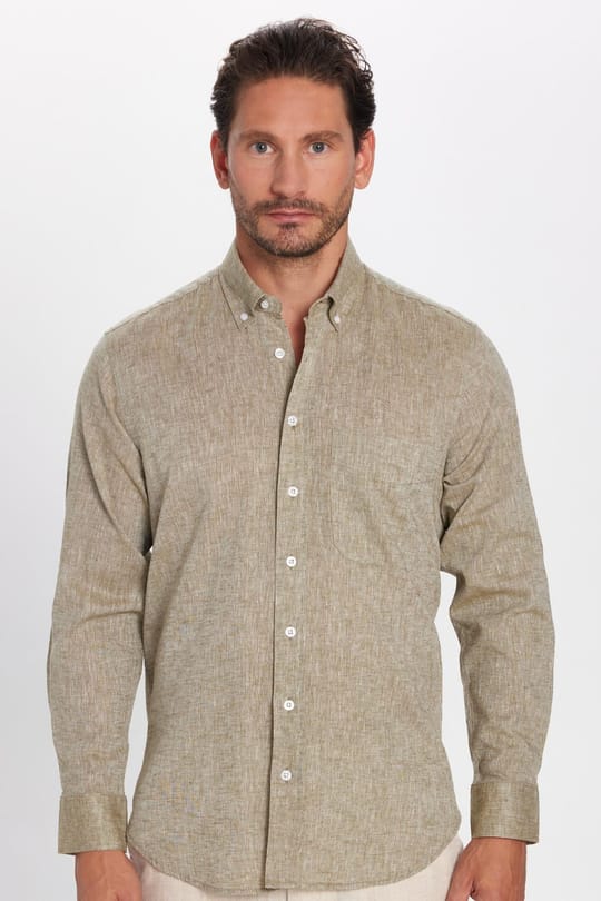 Erkek Regular Fit Klasik Kesim Oversize Pamuklu Keten Doku Düğmeli Yaka Yeşil Gömlek