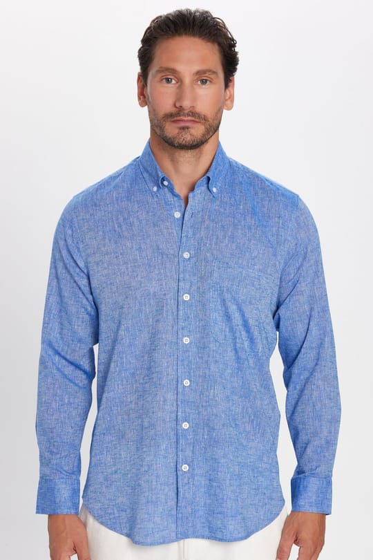 Erkek Regular Fit Klasik Kesim Oversize Pamuklu Keten Doku Düğmeli Yaka Koyu Mavi Gömlek