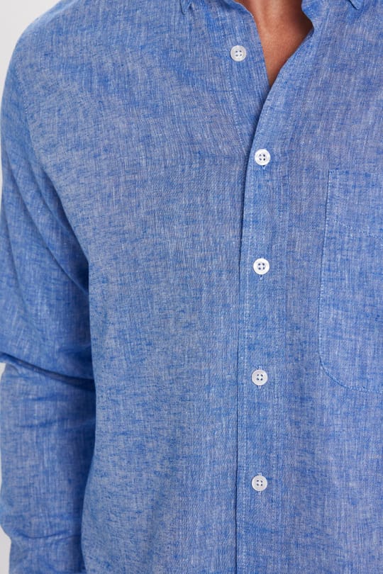 Erkek Regular Fit Klasik Kesim Oversize Pamuklu Keten Doku Düğmeli Yaka Koyu Mavi Gömlek
