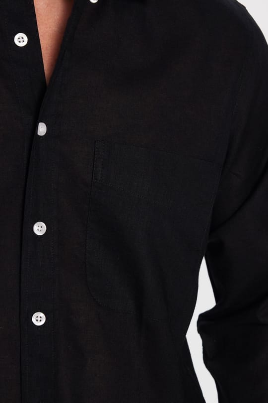 Erkek Regular Fit Klasik Kesim Oversize Pamuklu Keten Doku Düğmeli Yaka Siyah Gömlek