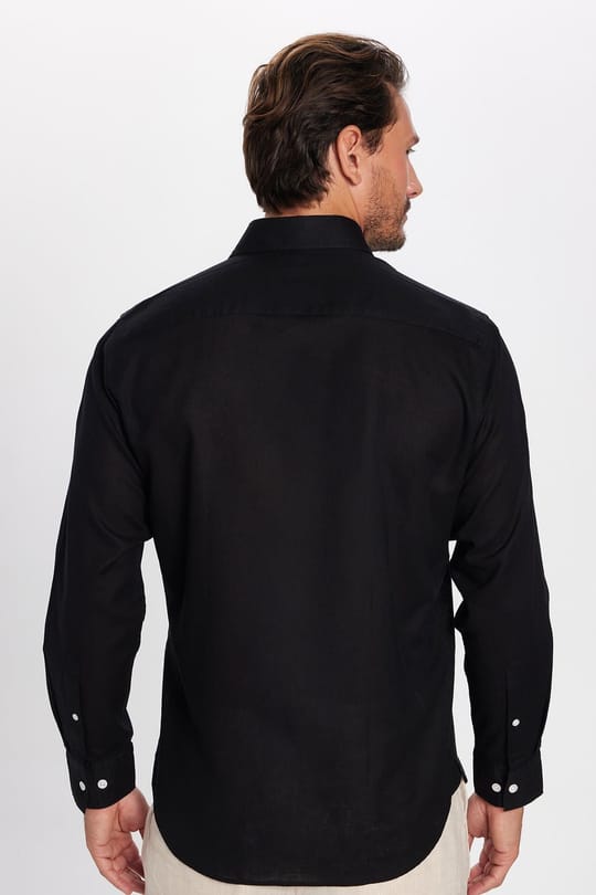 Erkek Regular Fit Klasik Kesim Oversize Pamuklu Keten Doku Düğmeli Yaka Siyah Gömlek