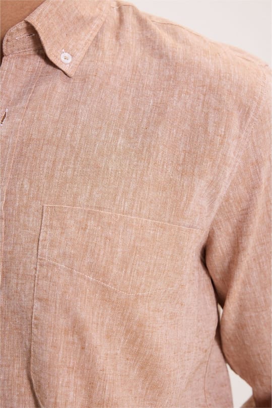 Erkek Regular Fit Klasik Kesim Oversize Pamuklu Keten Doku Düğmeli Yaka Kahverengi Gömlek