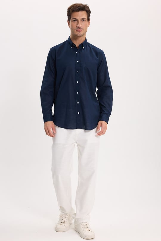 Erkek Regular Fit Klasik Kesim Oversize Pamuklu Keten Doku Düğmeli Yaka Lacivert Gömlek