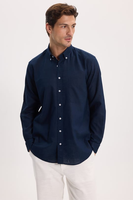 Erkek Regular Fit Klasik Kesim Oversize Pamuklu Keten Doku Düğmeli Yaka Lacivert Gömlek