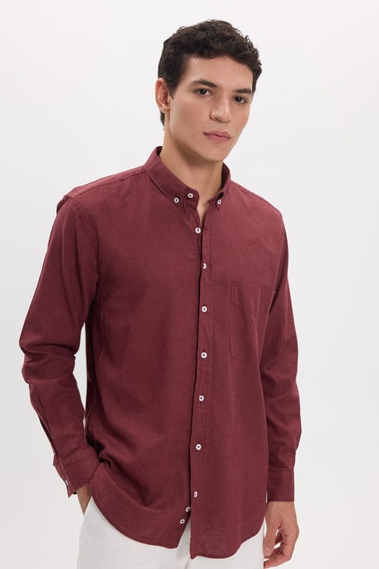 Erkek Regular Fit Klasik Kesim Oversize Pamuklu Keten Doku Düğmeli Yaka Bordo Gömlek