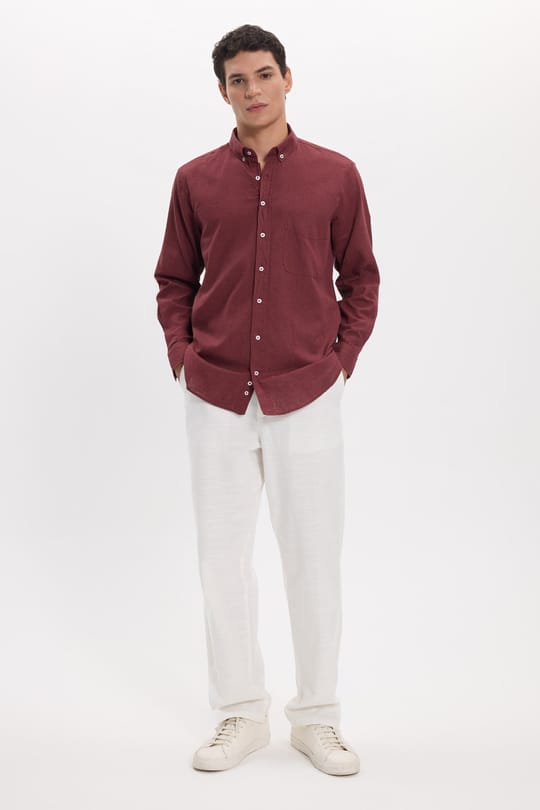 Erkek Regular Fit Klasik Kesim Oversize Pamuklu Keten Doku Düğmeli Yaka Bordo Gömlek