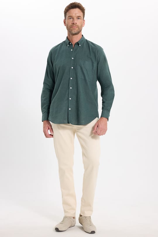 Erkek Regular Fit Klasik Kesim Oversize Pamuklu Keten Doku Düğmeli Yaka Yeşil Gömlek