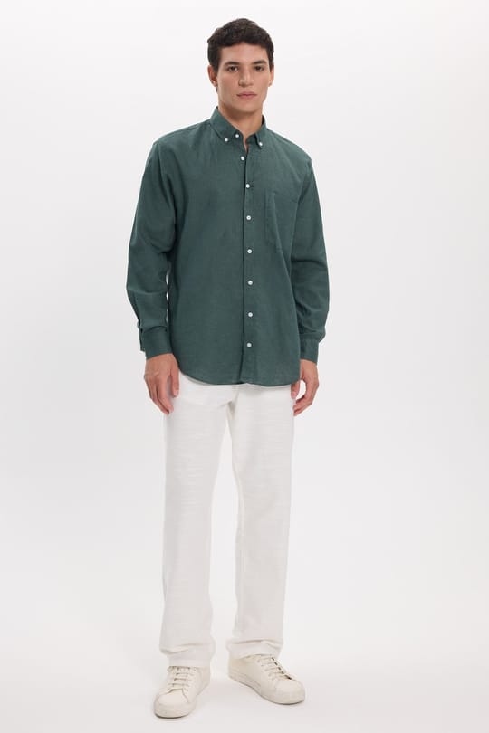 Erkek Regular Fit Klasik Kesim Oversize Pamuklu Keten Doku Düğmeli Yaka Yeşil Gömlek