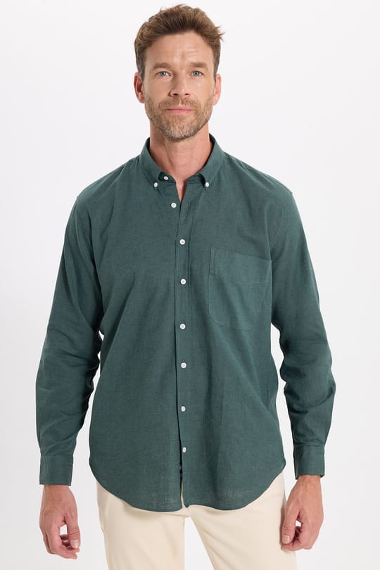 Erkek Regular Fit Klasik Kesim Oversize Pamuklu Keten Doku Düğmeli Yaka Yeşil Gömlek