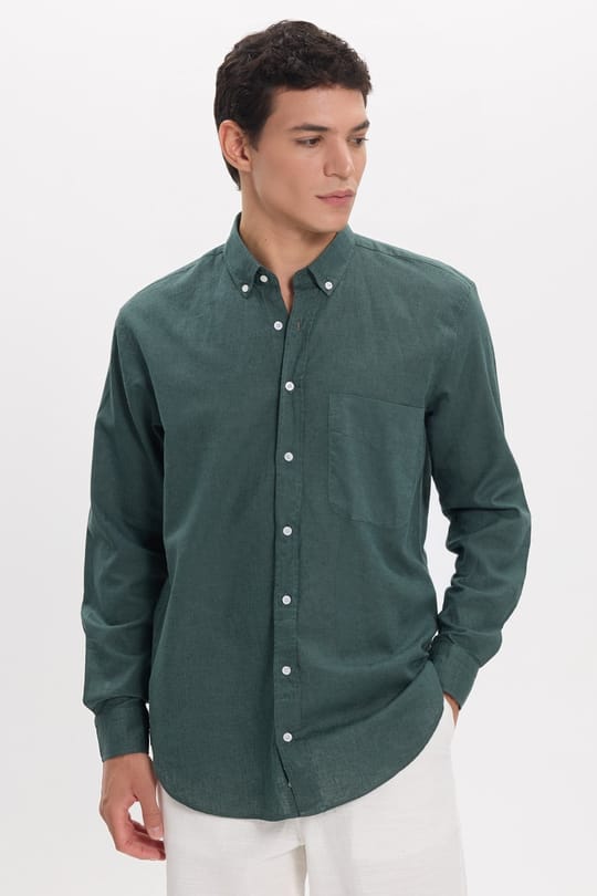 Erkek Regular Fit Klasik Kesim Oversize Pamuklu Keten Doku Düğmeli Yaka Yeşil Gömlek