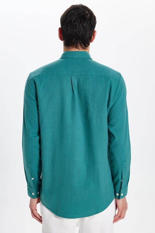 Erkek Regular Fit Klasik Kesim Oversize %100 Pamuk Keten Doku Tek Cep Petrol Gömlek 