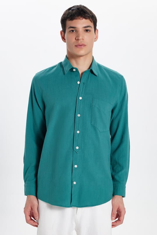 Erkek Regular Fit Klasik Kesim Oversize %100 Pamuk Keten Doku Tek Cep Petrol Gömlek 