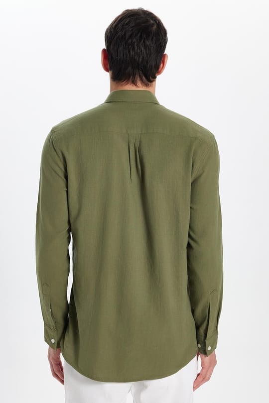 Erkek Regular Fit Klasik Kesim Oversize %100 Pamuk Keten Doku Tek Cepli Yeşil Gömlek 