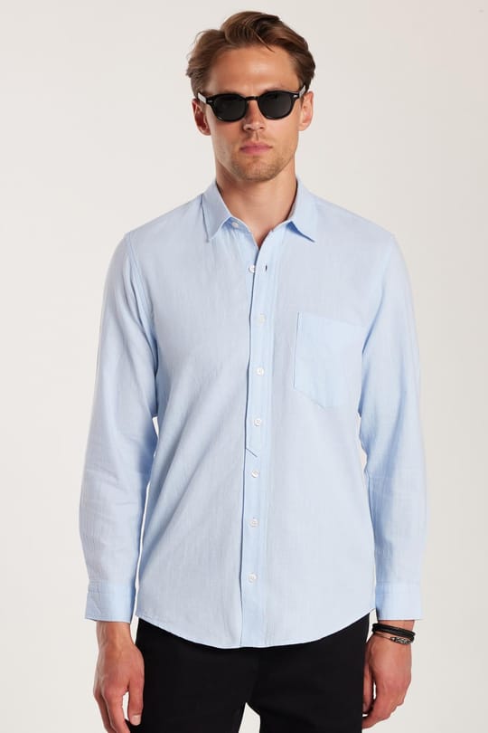 Erkek Regular Fit Klasik Kesim Oversize %100 Pamuk Keten Doku Tek Cepli Mavi Gömlek 