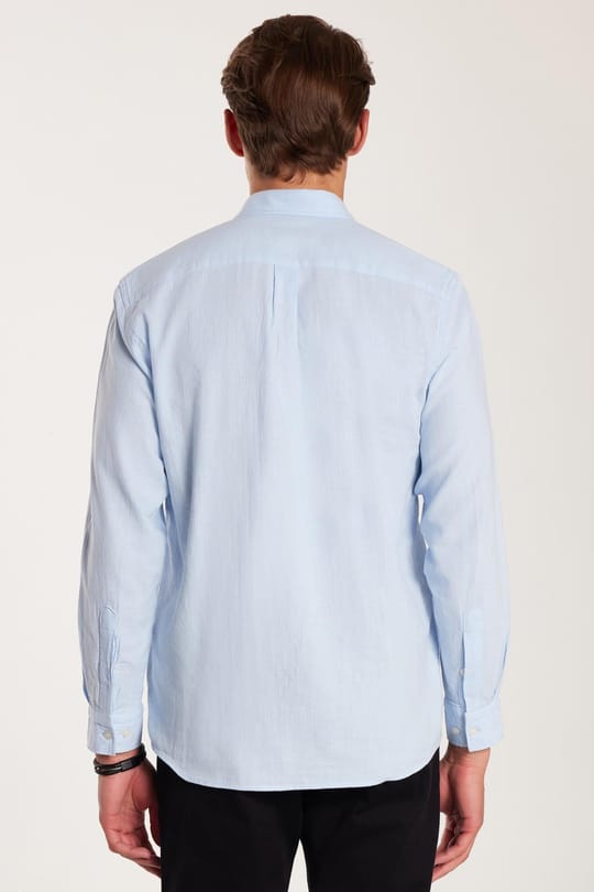 Erkek Regular Fit Klasik Kesim Oversize %100 Pamuk Keten Doku Tek Cepli Mavi Gömlek 