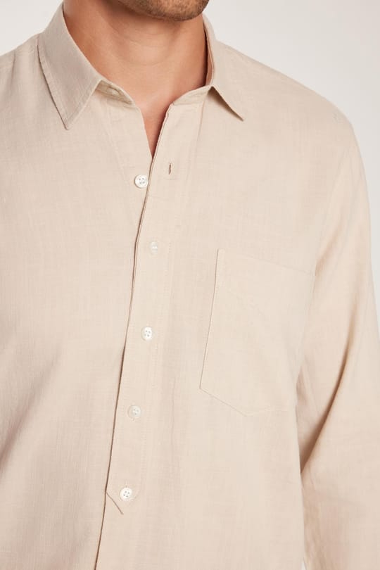 Erkek Regular Fit Klasik Kesim Oversize %100 Pamuk Keten Doku Tek Cepli Bej Gömlek