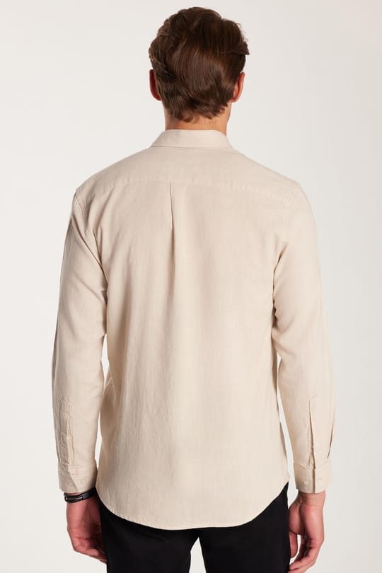 Erkek Regular Fit Klasik Kesim Oversize %100 Pamuk Keten Doku Tek Cepli Bej Gömlek