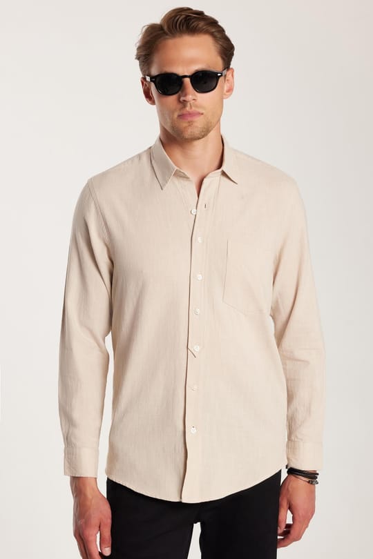 Erkek Regular Fit Klasik Kesim Oversize %100 Pamuk Keten Doku Tek Cepli Bej Gömlek