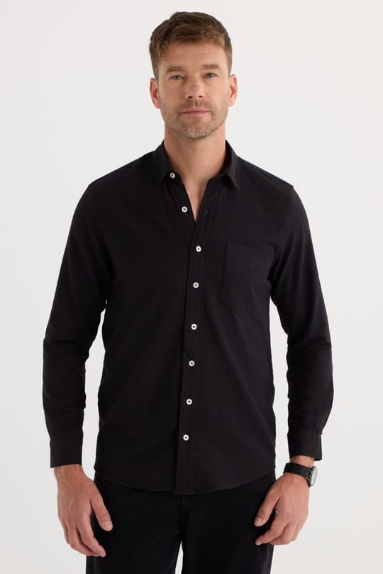 Erkek Regular Fit Klasik Kesim Oversize %100 Pamuk Keten Doku Tek Cepli Siyah Gömlek