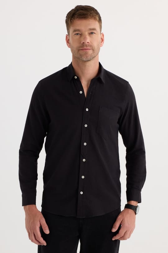 Erkek Regular Fit Klasik Kesim Oversize %100 Pamuk Keten Doku Tek Cepli Siyah Gömlek
