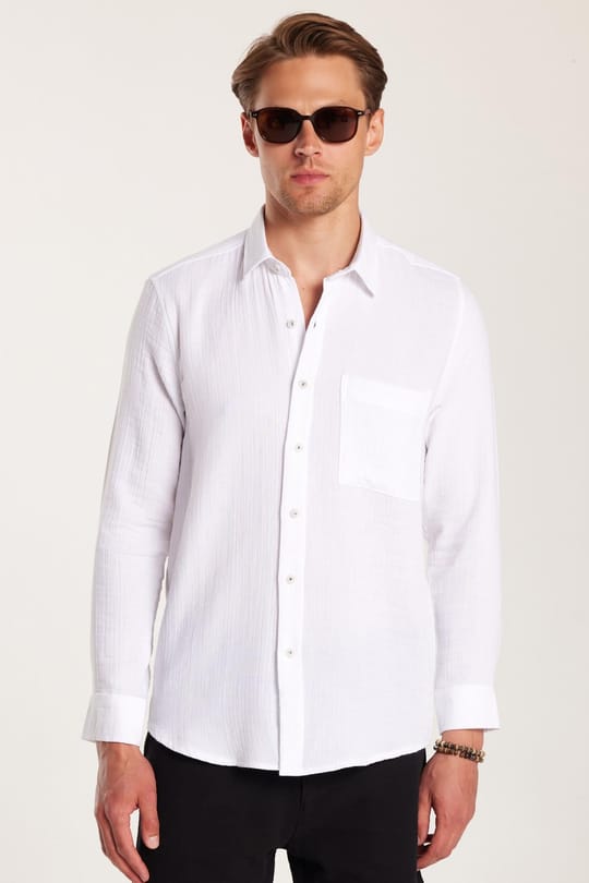 Erkek Regular Fit Klasik Kesim Oversize %100 Pamuk Müslin Kumaş Dökümlü Düz Beyaz Gömlek