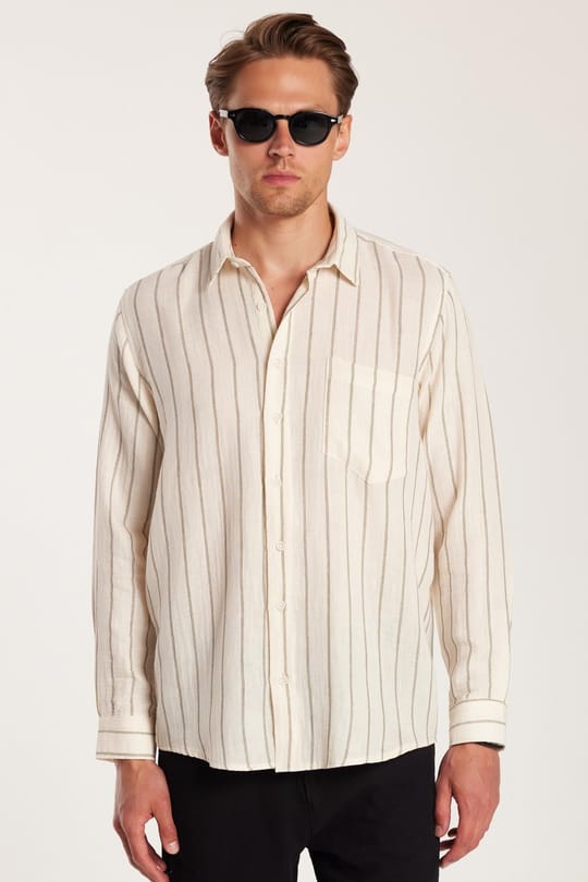 Regular Fit Klasik Kesim Oversize Keten Görünüm Pamuklu Çizgili Dökümlü Rahat Cepli Spor Gömlek