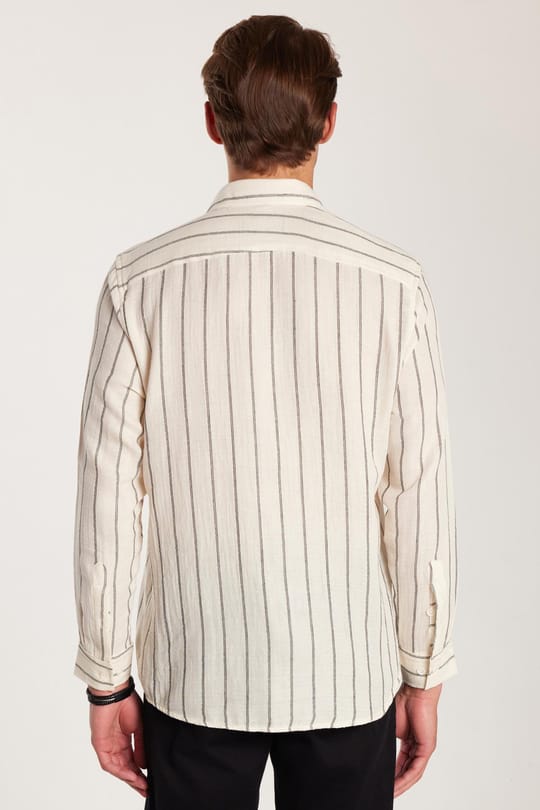Regular Fit Klasik Kesim Oversize Keten Görünüm Pamuklu Çizgili Dökümlü Rahat Cepli Spor Gömlek