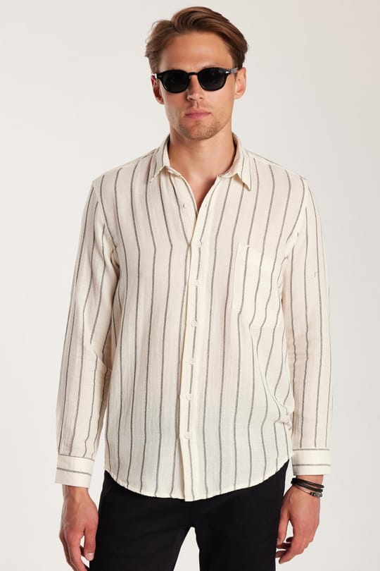 Regular Fit Klasik Kesim Oversize Keten Görünüm Pamuklu Çizgili Dökümlü Rahat Cepli Spor Gömlek
