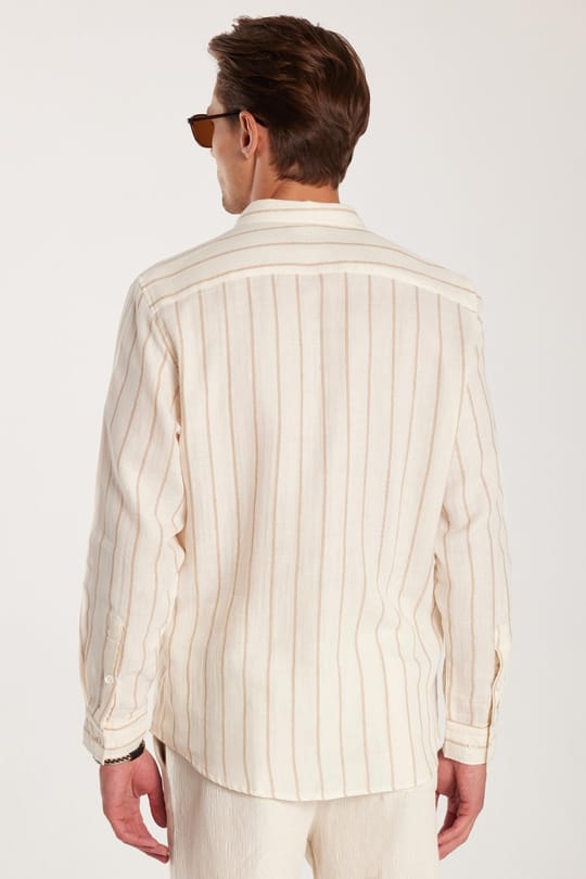 Regular Fit Klasik Kesim Oversize Keten Görünüm Pamuklu Çizgili Dökümlü Rahat Cepli Spor Gömlek